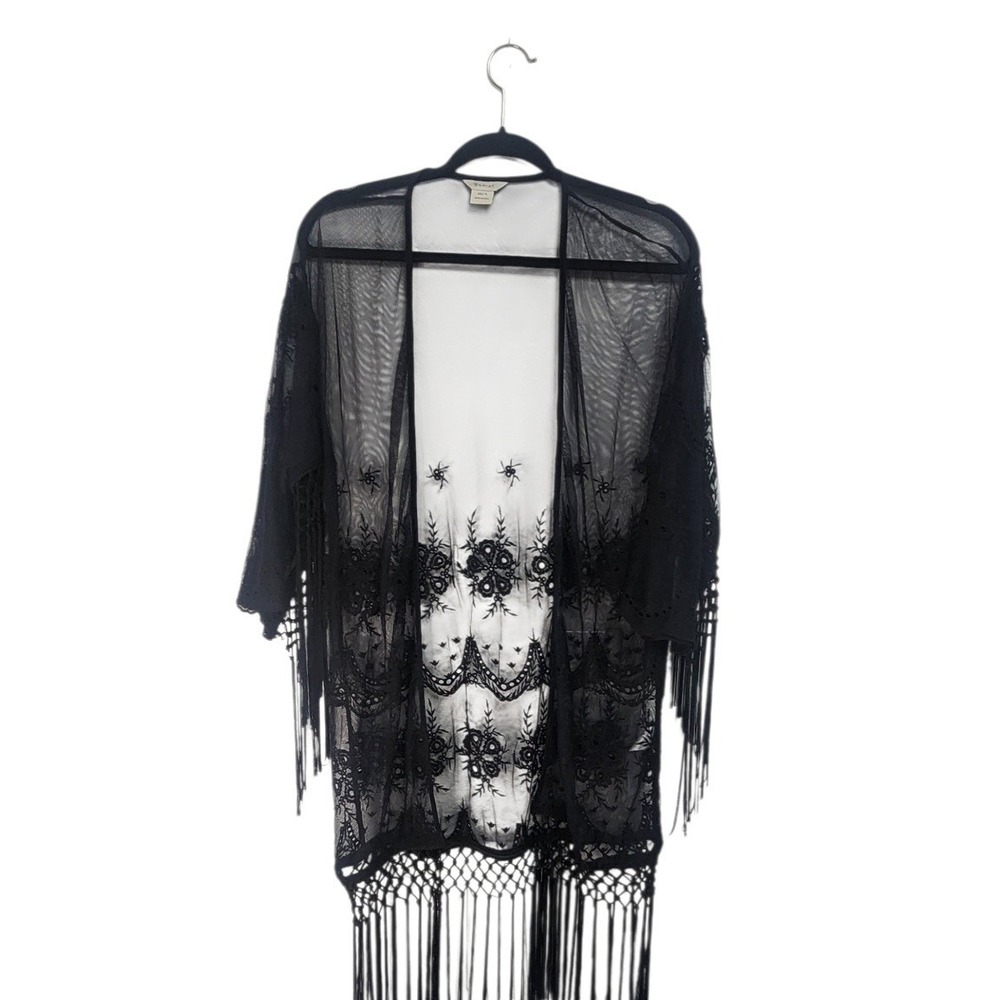 Ariat Kimono Wrap Women XS/S Black Excellent Embroidered Fringe Mesh Eyelet Boho